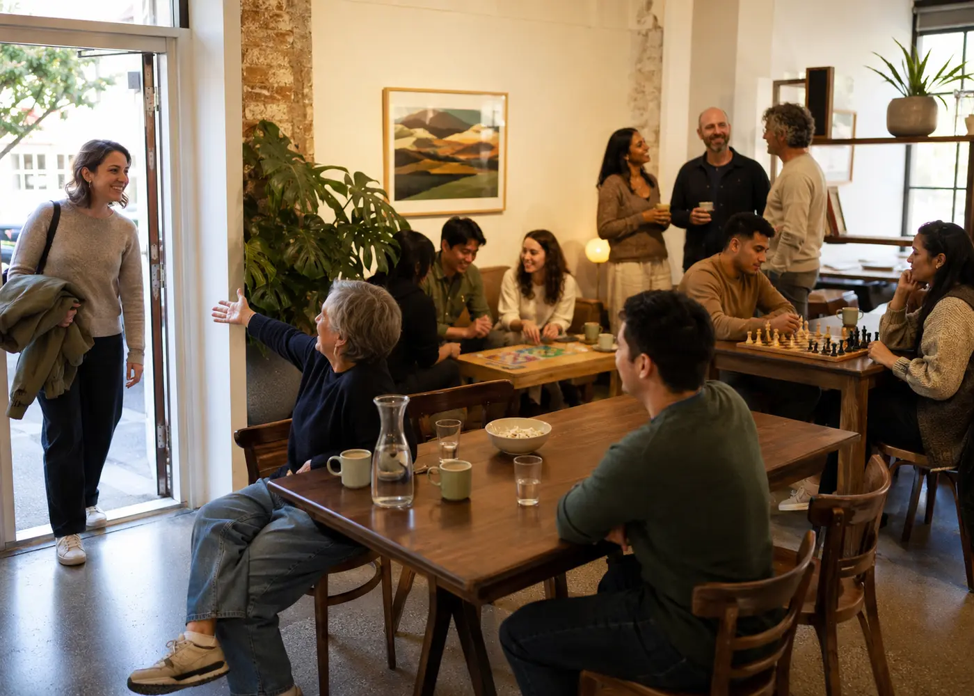 Adults sharing conversation and activities around a communal table