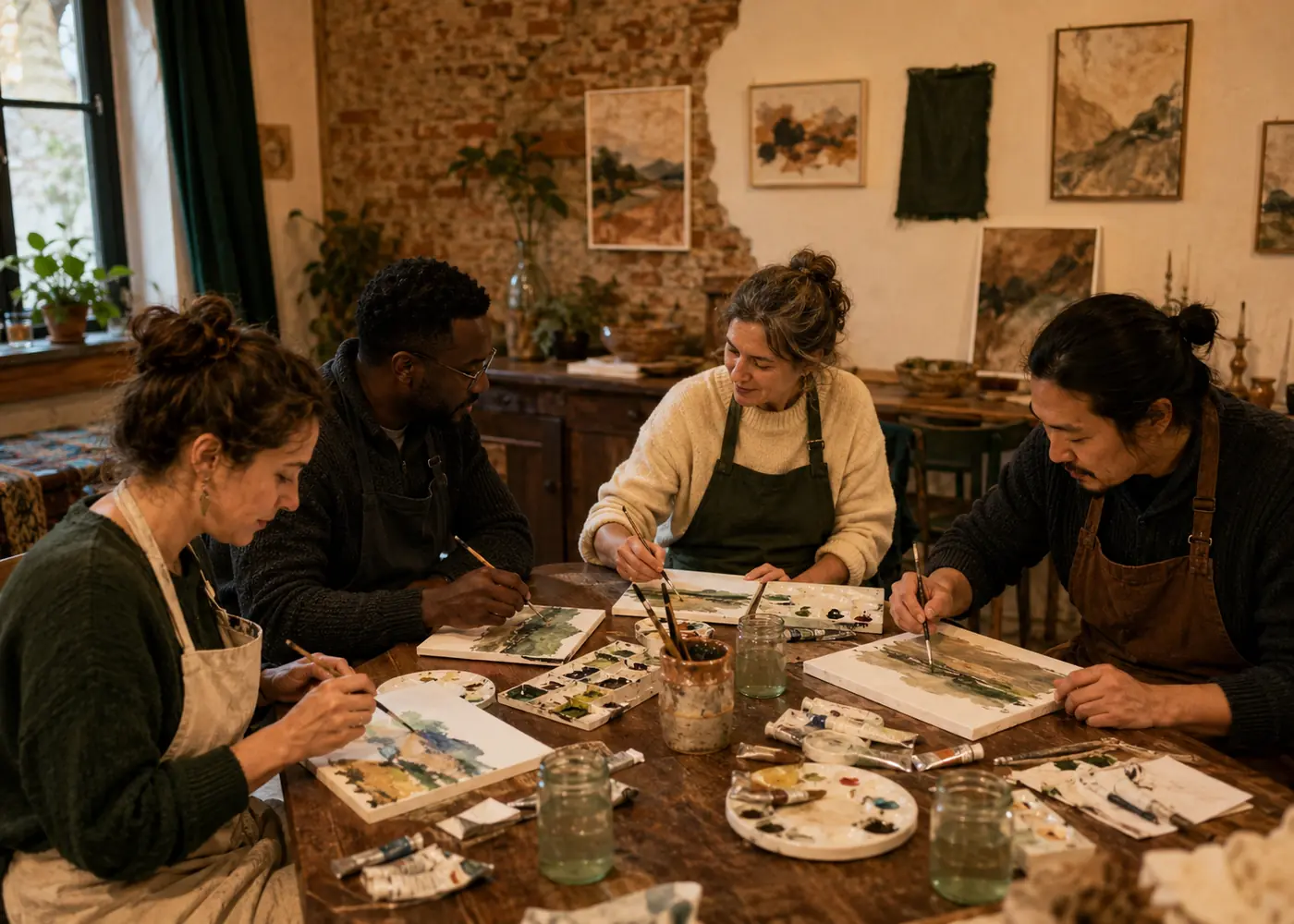 Adults taking part in a beginner painting workshop at Puszta Manor