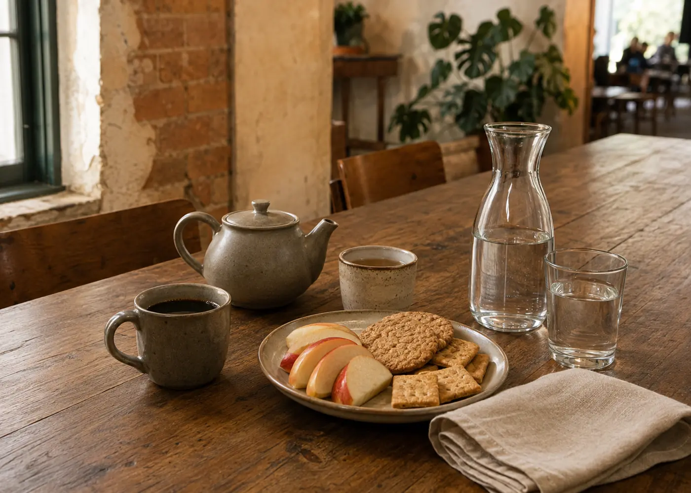 Coffee, tea, water and light snacks on a shared timber table